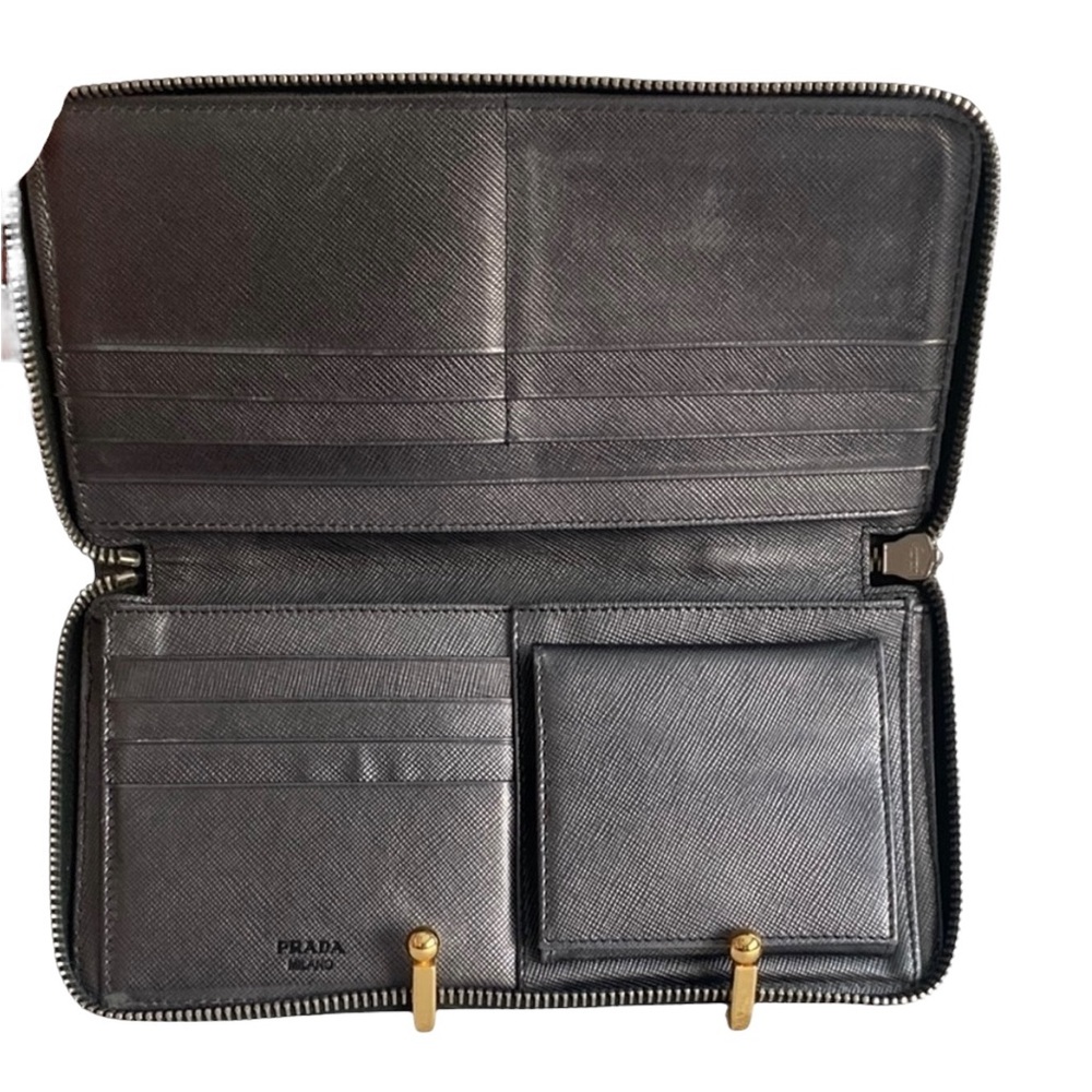 Prada Gunmetal Saffiano Gray Leather Ziparound Wallet